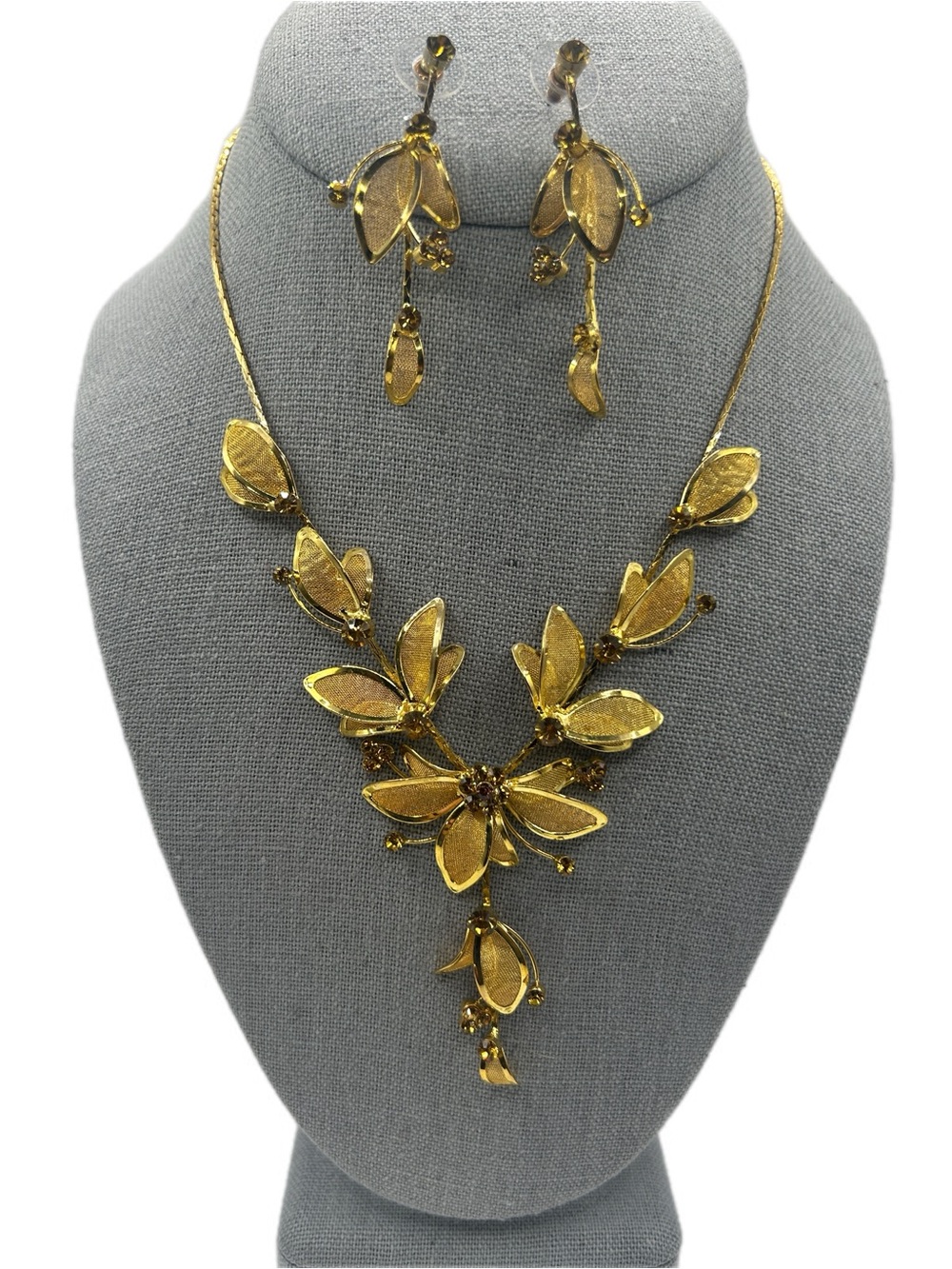 Christina Collection Gold Tone Mesh Floral Statement Necklace & Matching Earring